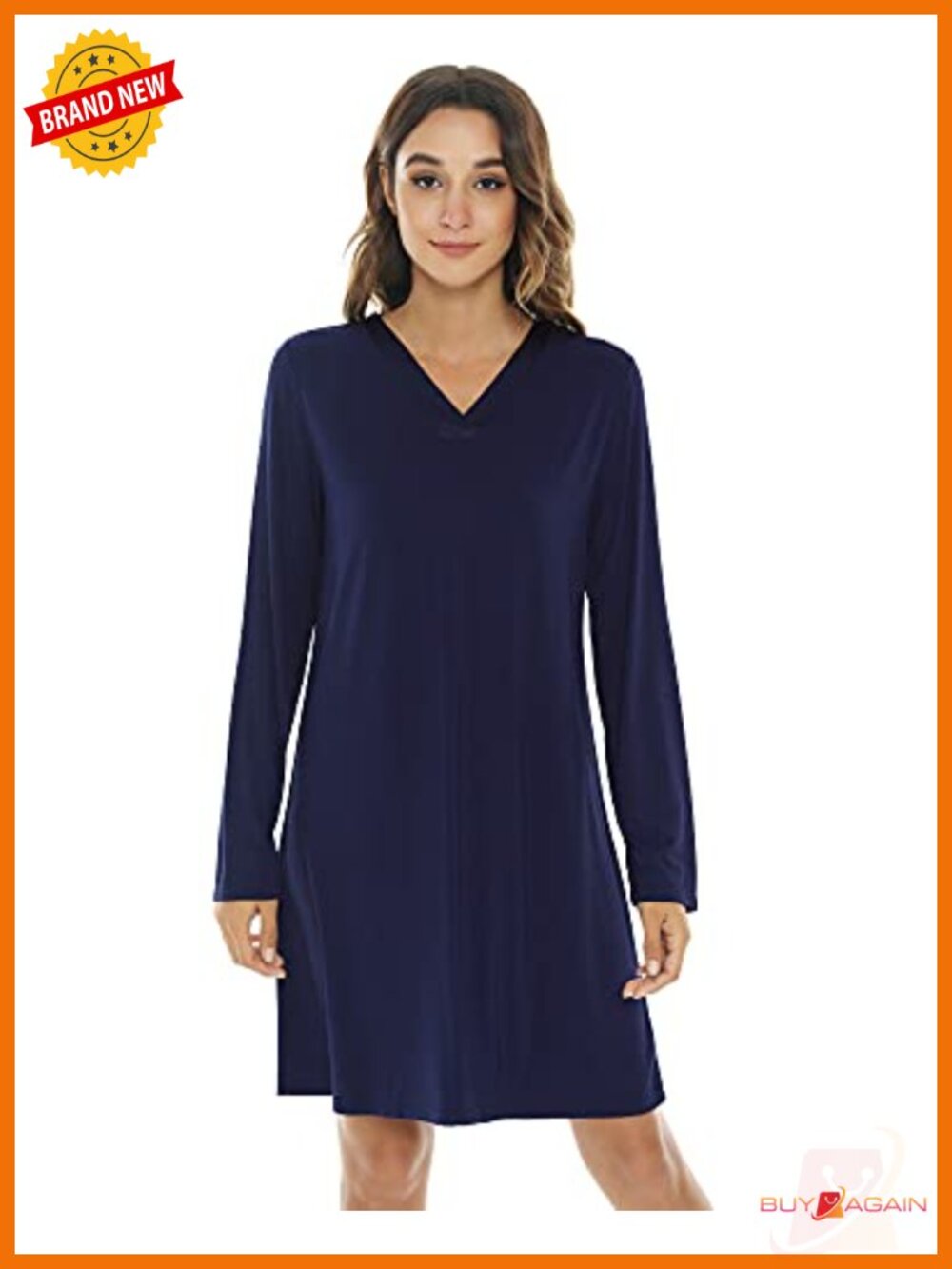 Bamboo Viscose Nightgown Long Sleeve V-Neck Sleepshirt Loose Fit Knee Length